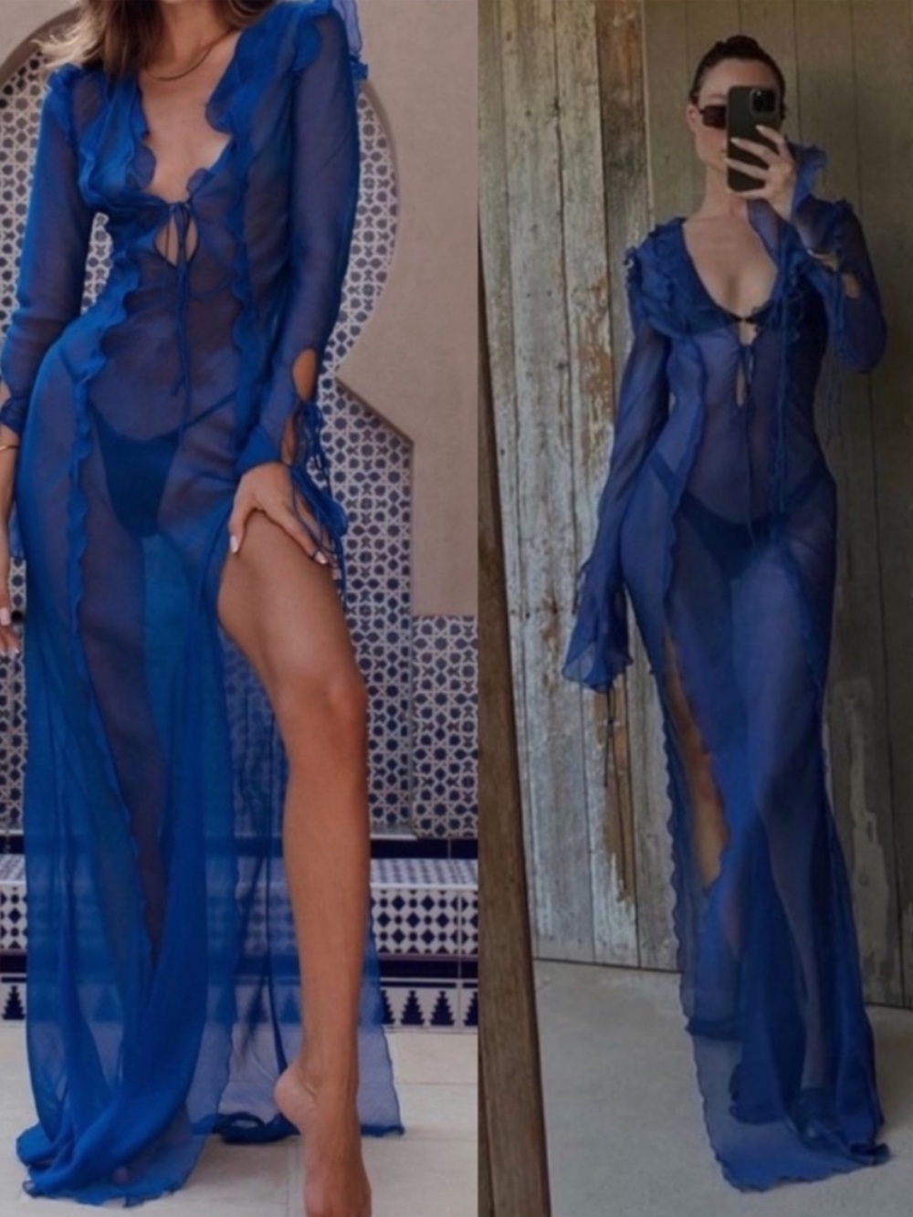 Rat & Boa Farretti Dress Cobalt Blue Sheer Ruffle Maxi Long Sleeve Size M